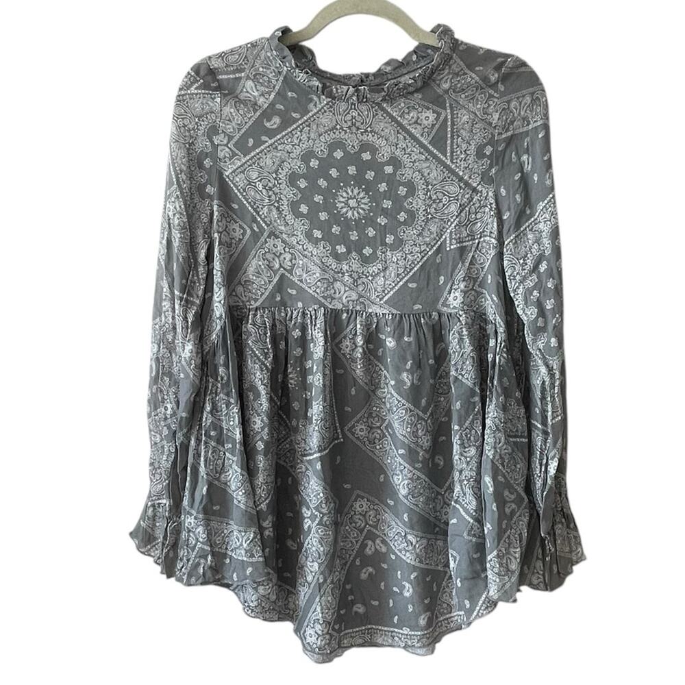 Lovely Melody Bandana Paisley Print Long Sleeve Babydoll Top | Gray | Small